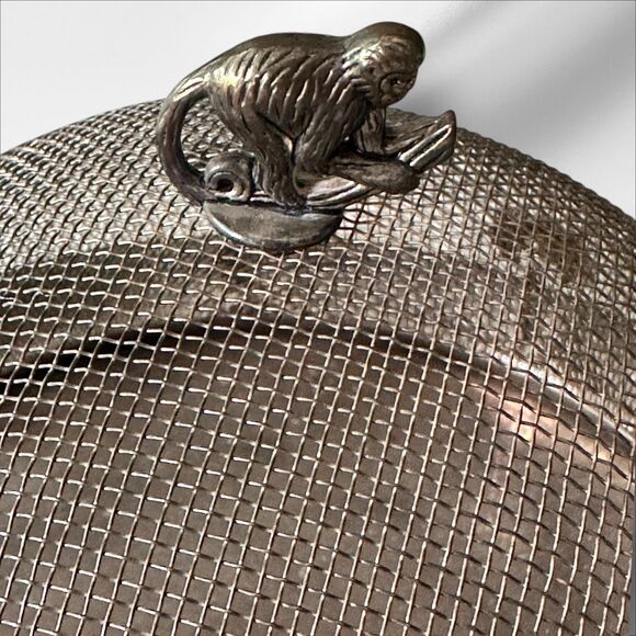 Vintage Silver Plated Mesh Food Dome & Tray | Monkey Palm Tree Cloche Godinger - Picture 2 of 6